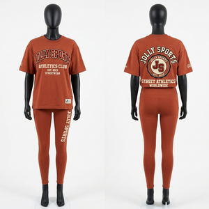 Womens 240 GSM Cotton Polyester Oversized T Shirt and High Waist Legging Set Puff Print Custom Logo Color <b>Rust</b> Women's Sets - Product Image 3
