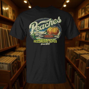 Camiseta Vintage de Peaches Records & Tapes con Diseño de Vinilo y CD, Ropa Promocional Retro con Estilo - Product Image 3