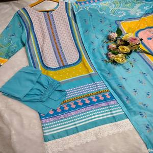 Ensemble Kurti Pant Dupatta en coton mousseline lourd VASTRA COTTAGE pour femmes, imprimé numérique, véritable travail à la main avec miroir, manches longues, vêtements ethniques - Product Image 6