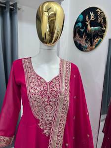 Vestido de Novia Estilo Walima, Traje de Boda Especial, Tela de Georgette Sintética con Estampado Floral, Anarkali Salwar Kameez Largo hasta el Suelo / Ropa Étnica - Product Image 3