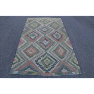 Tapis en laine rouge vert Kilim de grande surface 4.4x7.5 pieds Patchwork rectangulaire en latex à tissage plat turc pour couloir en peluche 4x7 tapis de chambre - Product Image 1