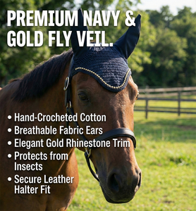 Voile anti-mouches pour cheval en crochet bleu marine avec garniture en strass dorés, protège-oreilles doux et confortables de haute qualité, bonnet équestre fait main pour l'équitation - Product Image 2