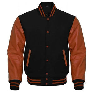 Veste universitaire de haute qualité pour hommes, en cuir véritable patchwork personnalisé, manches brodées, col montant, logo frontal, tissu en toile - Product Image 2
