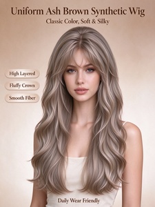 วิกผมสังเคราะห์สีน้ำตาลประกายเทาแบบยาวพร้อมหน้าม้าบางเบา วิกผมไฟเบอร์ลอนเป็นชั้นๆ สำหรับผู้หญิงใส่ได้ทุกวัน - Product Image 1