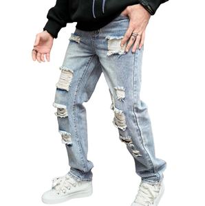 Pantalon en jean droit pour homme, coupe slim, effet usé, respirant, adouci, couleur personnalisable, service OEM, haute qualité, vente chaude - Product Image 1