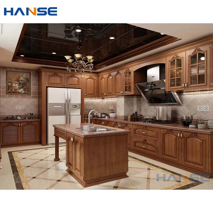 Free CAD design solid wooden storage cabinets furniture full set dark brown color lacquer wood kitchen cabinet