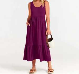 Vestido de columpio informal de verano sin mangas con cuello redondo para mujer, Vestido de playa Maxi con patrón sólido, bolsillos para fiestas, temporada de primavera, Natural - Product Image 1