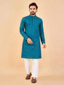Pijama Kurta bordado de tela de algodón especial para festivales para hombres, nueva venta en línea, ropa India pakistaní con trabajo de espejo - Product Image 5