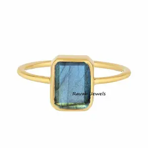 925 Sterling Silver Blue Flashy Labradorite Emerald Cut Bezel 8x10mm Setting Rectangle Statement Ring Wholesale For Women & Gir