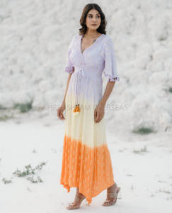 ชุดเดรสแขน3/4สำหรับผู้หญิงผ้าย้อมหลายสีชุดเดรสยาวสไตล์คาฟตันสำหรับชายทะเลฤดูร้อน - Product Image 3