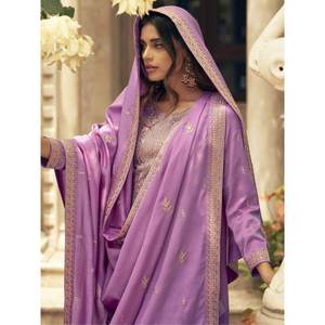 <b>Charming</b> Lavender Embroidered Silk Women's Suit Sets for Event Wear Palazzo Suit - Product Image 1