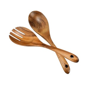 Ensemble exclusif de cuillère et de fourchette à salade en bois avec manche design noir pour la maison et les hôtels, ensembles de service de couleur naturelle - Product Image 2