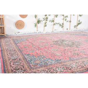 Pink Blue <b>Traditional</b> Vintage Turkish <b>Rug</b> Large Area 9.5 X 12.5ft Classic Rectangle Pattern Wool Latex Patchwork Weave Technique - Product Image 3