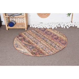 Tapis Vintage Turc Style Bohème Beige Bleu Patchwork Design 3.8x3.8 pieds Laine avec Support en Latex pour Entrée ou Chevet - Product Image 1