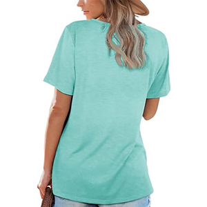 Camiseta verde de manga corta con cuello cuadrado informal para mujer, diseño de estampado bordado de Color sólido, logotipo de Material de lona de poliéster - Product Image 5