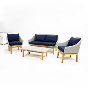 Artex Dong thap ชุดโซฟา4ชิ้นสำหรับกลางแจ้งโครงเหล็กทอเชือกแบนสีเทาพร้อมขาไม้อะคาเซียและโต๊ะกระจก - Product Image 2