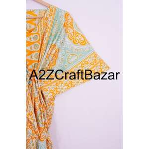 Robe kaftan mi-longue à manches courtes et col en V 100% coton, volants, imprimé floral bohème, coupe régulière, respirante, pour les fêtes d'été - Product Image 4