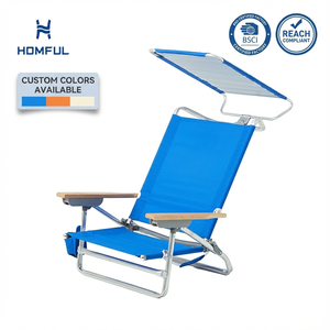 เก้าอี้ชายหาดพับได้ปรับเอนได้ 5 ระดับ HOMFUL พร้อมที่วางแขนไม้และหลังคาบังแดดป้องกันรังสียูวี - Product Image 1