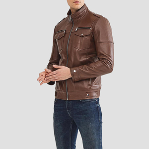 Chaqueta de Motociclista de Cuero Genuino Marrón Premium, Precio al por Mayor, Cierre de Cremallera, Bolsillos Dobles Delanteros, Estilo Urbano - Product Image 3