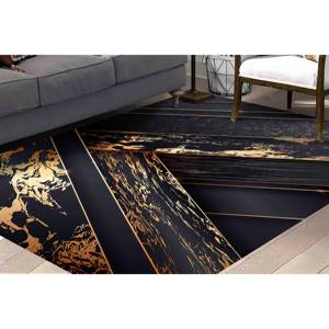 Tapis imprimé noir et or, design abstrait moderne, épais, petit, avec poils doux - Product Image 2