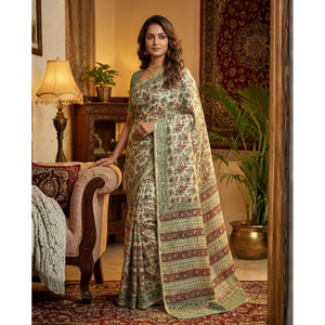 Sari ethnique en Chanderi à imprimé floral avec chemisier, style traditionnel, tissu en mousseline - Product Image 1