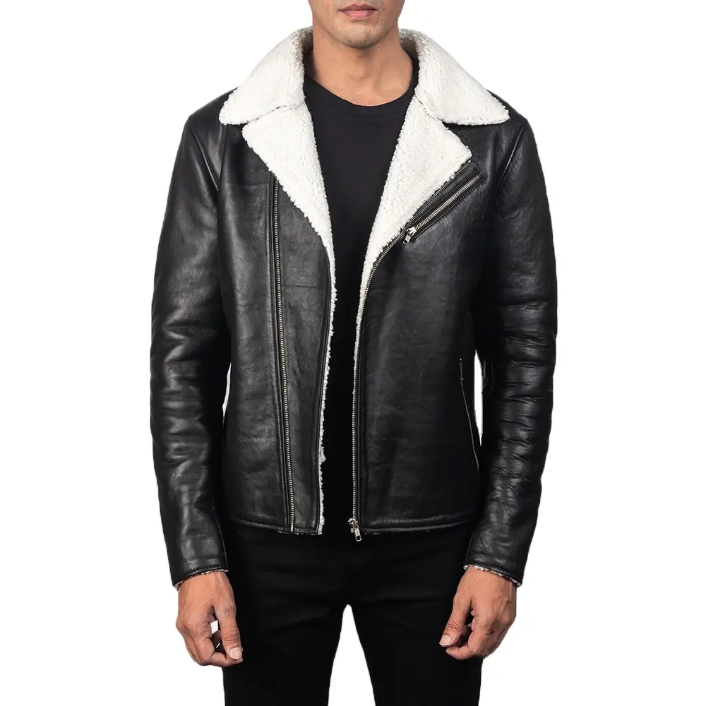 Real Leather Sheepskin Aniline Zipper Legacy Black Biker Jacket with Quilted Viscose Lining and Inside Outside Pockets