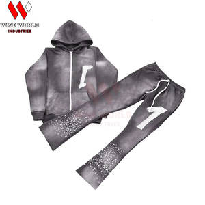 Ensemble de survêtement deux pièces pour homme, hiver, uni, broderie effet vieilli, 120 g/m², fermeture éclair, décontracté, tendance, délavage acide, respirant, léger et chaud - Product Image 2