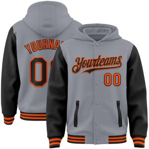 Vente en gros dans l'industrie directe, blouson décontracté pour l'hiver personnalisé, noir et gris, veste à capuche bicolore Varsity Letterman à bouton-pression - Product Image 6
