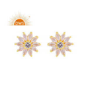 Superventas de plata esterlina chapada en oro Cz & Rainbow Moon Stone Gemstone Floral Stud Earring Demi Fine Jewelry Manufacturer - Product Image 1