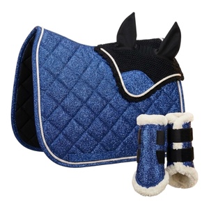 Ensemble de tapis de selle équestre bleu pailleté matelassé avec bottes et masque anti-mouches assortis pour l'équitation - Product Image 1