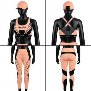 Premium 280 GSM <b>Nylon</b> Spandex <b>Legging</b> and Sports Bra Set Peach Black Contrast Panel Design Custom Sublimation Heat Transfer logo - Product Image 1