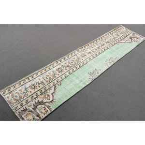 Alfombra Vintage de 1.6x7.2 pies, Alfombra Turca, Alfombra de Lana Verde Sólida - Product Image 3