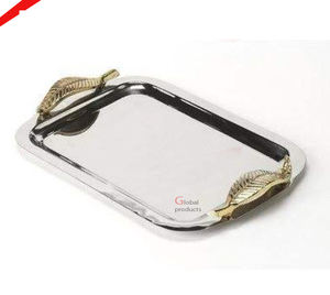 Bandeja de servicio con acabado dorado de diseño increíble con mango de hoja de diseñador para hotel - Product Image 5