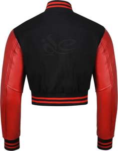 Chaqueta universitaria de moda personalizada de alta calidad de cuero rojo genuino mangas Chenille bordado recortado chaqueta universitaria de lana para mujer - Product Image 3