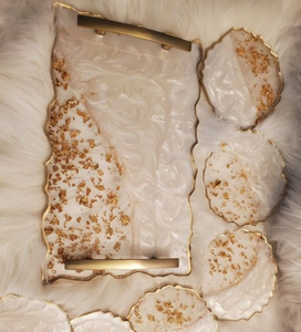 Flower Shape Decorative Border Resin Tray Gold Polished Metal Handle Top Grade Serving Platter New Arrival Resin Tray - Product Image 2