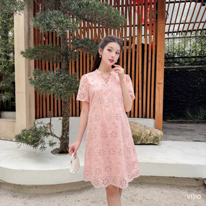 Soft and Comfortable Pink Floral Embroidered Maternity Dress No Fading V1310 - Product Image 3