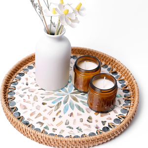 Plateau de service en rotin rond fait à la main avec incrustation de nacre panier décoratif tissé Table basse de luxe décor à la maison - Product Image 2