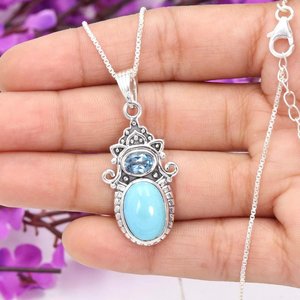Collar de Topacio Azul y turquesa natural, joyería de declaración de piedras preciosas hechas a mano de Plata de Ley 925 para mujer - Product Image 4