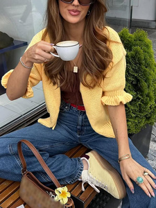 <span class=keywords><strong>Cardigan</strong></span> Corto da <span class=keywords><strong>Donna</strong></span> Vintage Casual in Maglia, Moda Quotidiana per Tutte le Stagioni, <span class=keywords><strong>Giallo</strong></span> Oca, Mezza Manica, con Laccetti, Vestibilità Ampia - Product Image 6