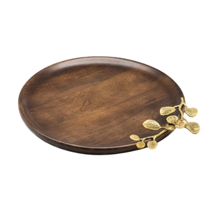 Plateau de service rectangulaire en bois de manguier artisanal avec accent en bambou doré, design classique, plateau de service pour collations, prix abordable - Product Image 6