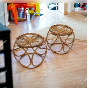 Juego pequeño de 2 mesas redondas de ratán para café de estilo industrial para sala de estar, restaurante, jaula, mesa de bastón de cóctel con parte superior de ratán - Product Image 6