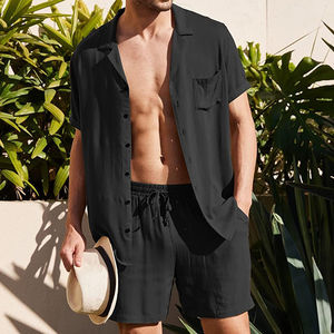 Conjunto de camisa de manga corta de lino para hombre al por mayor, cárdigan de algodón informal holgado de verano, conjunto de camisa y pantalones cortos con logotipo personalizado - Product Image 4