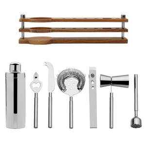 Ensemble d'outils de bar en acier inoxydable pur avec base en bois, kit complet de fabrication de cocktails pour barman débutant, maison et bar - Product Image 1