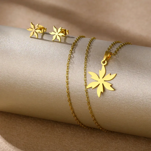 Conjunto de joyería de moda al por mayor para mujer, con diseño floral de collar y pendientes de acero inoxidable Hip Hop, superficie lisa y pulida - Product Image 3