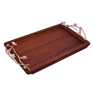 Plateau de service rectangulaire décoratif en bois d'acacia artisanal avec poignées en forme de branche plaquées or, écologique - Product Image 1