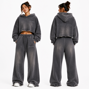 Women's Black Acid Wash Rhinestone Cropped Distressed Hoodie Wide Leg <b>Sweatpants</b> Heavyweight Cotton Winter Streetwear Fleece - Product Image 3