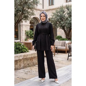 Conjunto de Dos Piezas de Pantalones y Túnica Casual de Otoño con Cinturón, Top Largo de Punto Acanalado Negro, Corte Ajustado, Talla XL, Estilo Diario, Nueva Llegada - Product Image 1