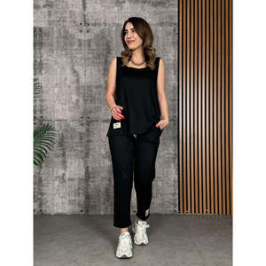 Ensemble deux pièces pour femme, chemisier à bretelles et col rond en viscose à deux fils et pantalon de survêtement, 26613 - Noir - Product Image 1
