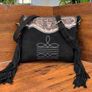 Real Hand Tooled <b>Black</b> Suede Leather <b>Boot</b> Stitch Crossbody Fringe Bag Women's Western Genuine Leather Floral Bohemian Purse - Product Image 2
