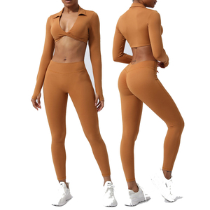 Conjunto Deportivo para Mujer, Ropa de Gimnasio, Yoga, Diseño Sólido, Mangas Largas, Cuello Solapa, Top Corto con Torsión Frontal, Cintura Elástica, Leggings Activos Elásticos - Product Image 2